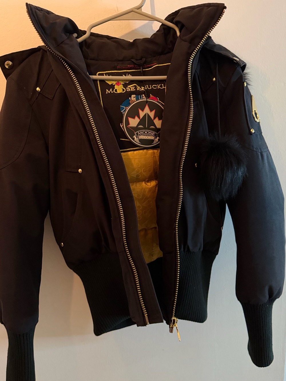 Moose Knuckles Women's Black Bomber Jacket with Gold Hardware